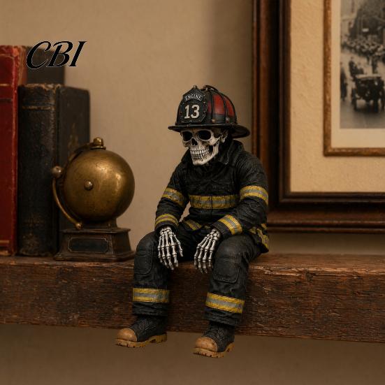 Vintage Resin Figurine Firefighter Skeleton Shelf Sitter Statue, with Realistic Gear & Distressed Wear-resistant Finish, Dark Industrial Desk