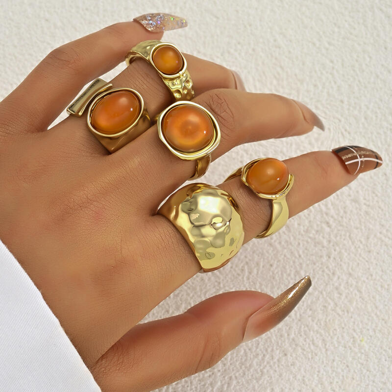 5Pcs/Set Geometric Irregular Circular Open Rings for Women Men Bohemian Orange Acrylic Hammer Texture Ring Jewelry Accessories