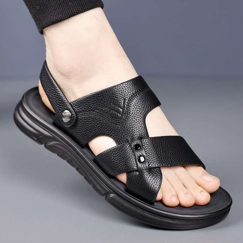 New first-layer cowhide sandals men's breathable leather beach shoes casual soft sole medium old dad men's shoes