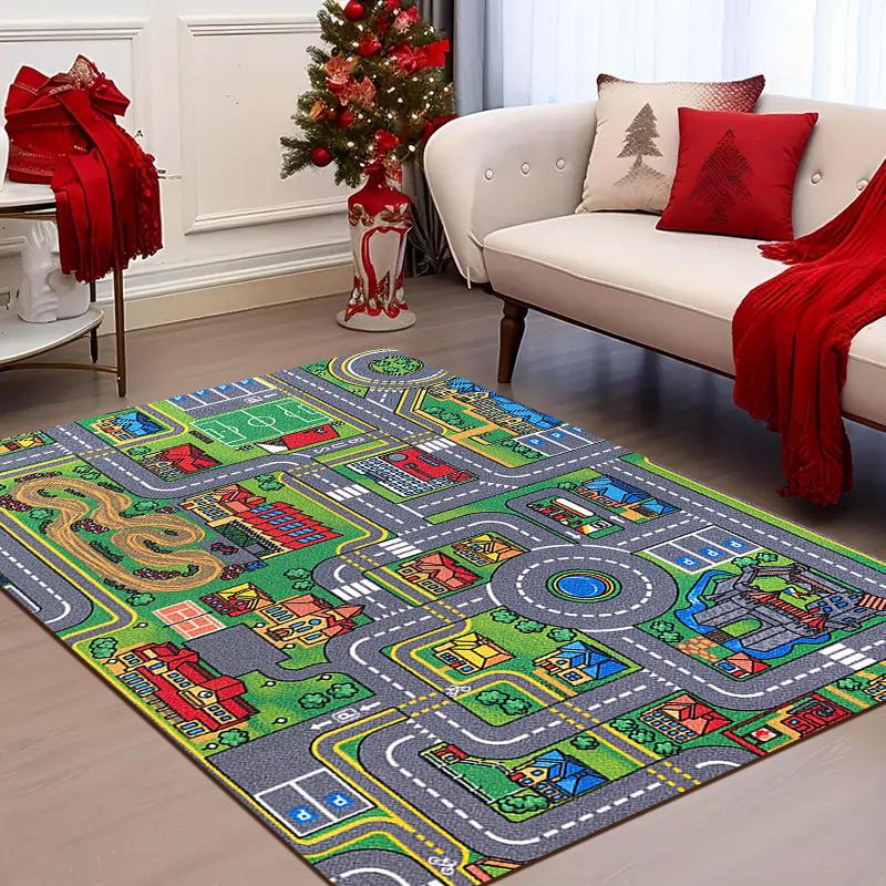 Racetrack and City Map Area Rug Kids Playroom Non Slip Floor Mat Cartoon Bedroom Home Decor Durable Washable 1PC