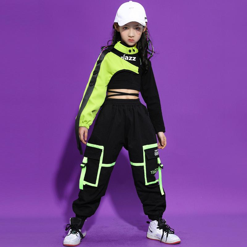 Girls Hip Hop Dancewear Short Top + Half Sleeve + Elasticated Trousers 3 Piece Sportswear Set