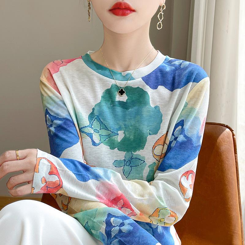 

Весенне-осенняя женская свободная рубашка с длинными рукавами и круглым вырезом с принтом и вязаной нижней рубашкой M