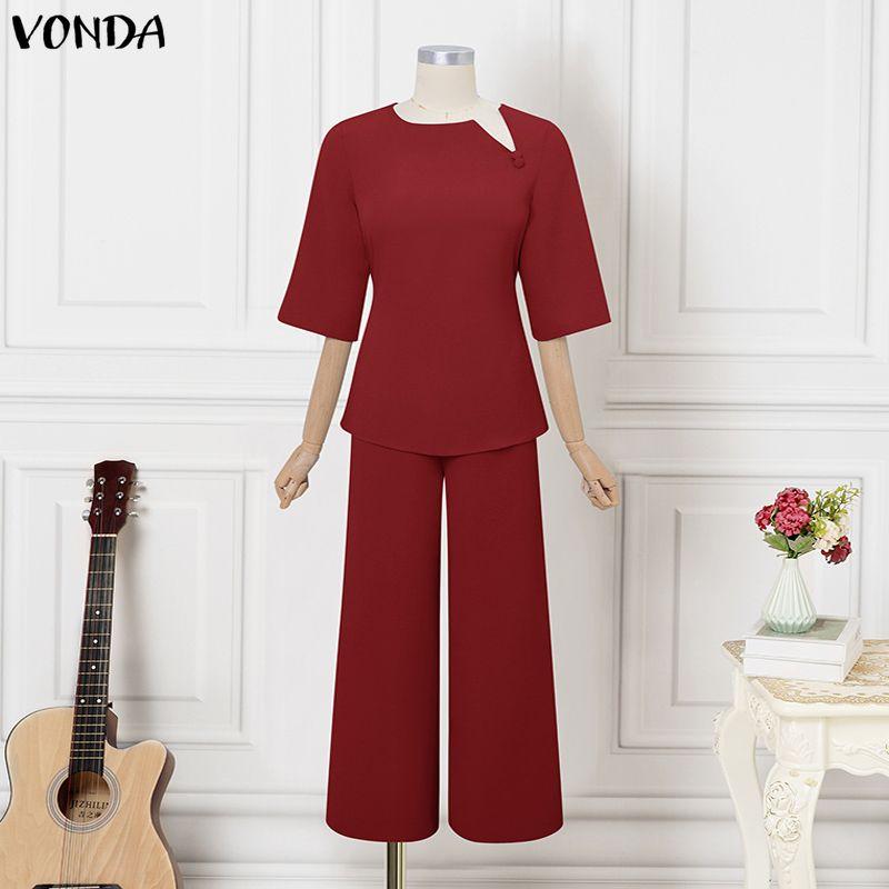 VONDA 2PCS Women 3/4 Sleeve Blouse and Pants Casual Elegant Two Piece Suit Sets