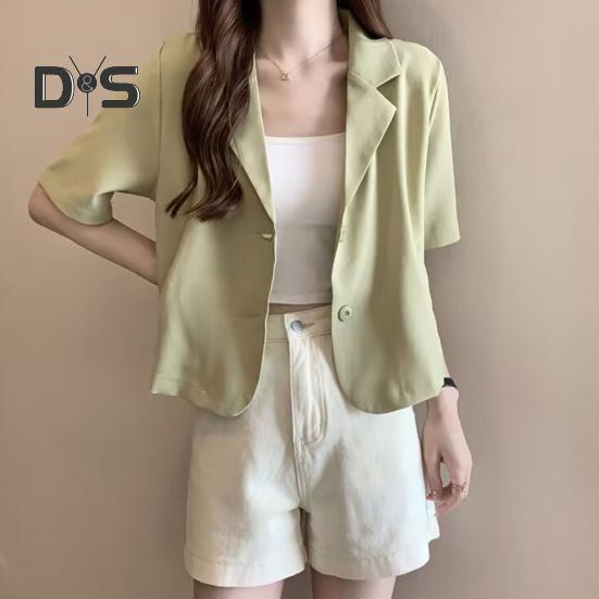 Dámské sako s klopami, krátkým rukávem a volným střihem, s kapsami, jednobarevné, volného střihu, letní business kabát