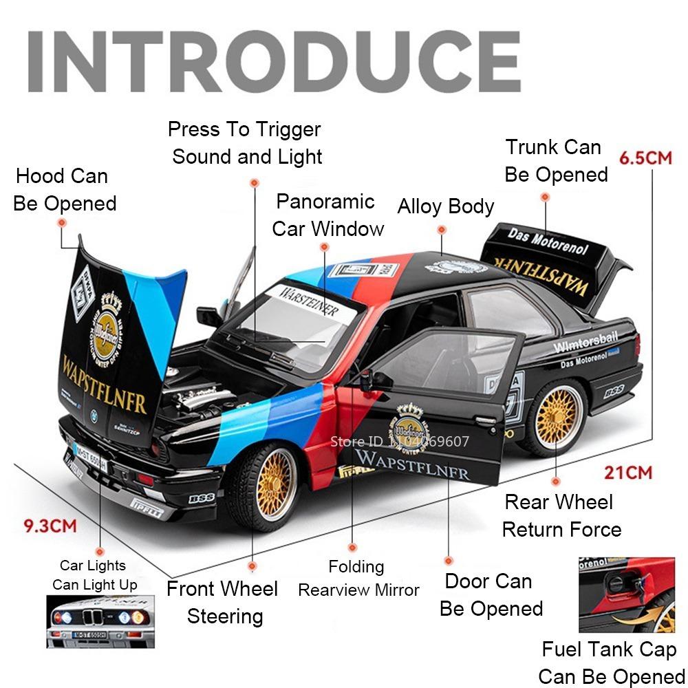 1:24 M3 GTR E46 Model Racing Car Toys Alloy Diecast Sound Light Doors Opened Shock Absorption Pull Back Simulation Supercars