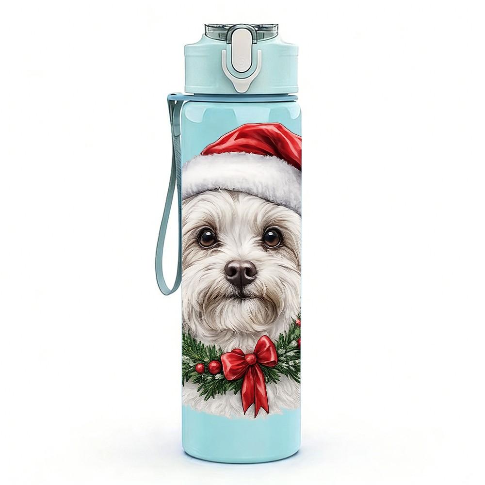 1PC Santa Hat Puppy Christmas Dog Print 750ml Color Plastic Sports Water Bottle Leakproof Flip Straw Lid Suitable for Sports Office Home Use