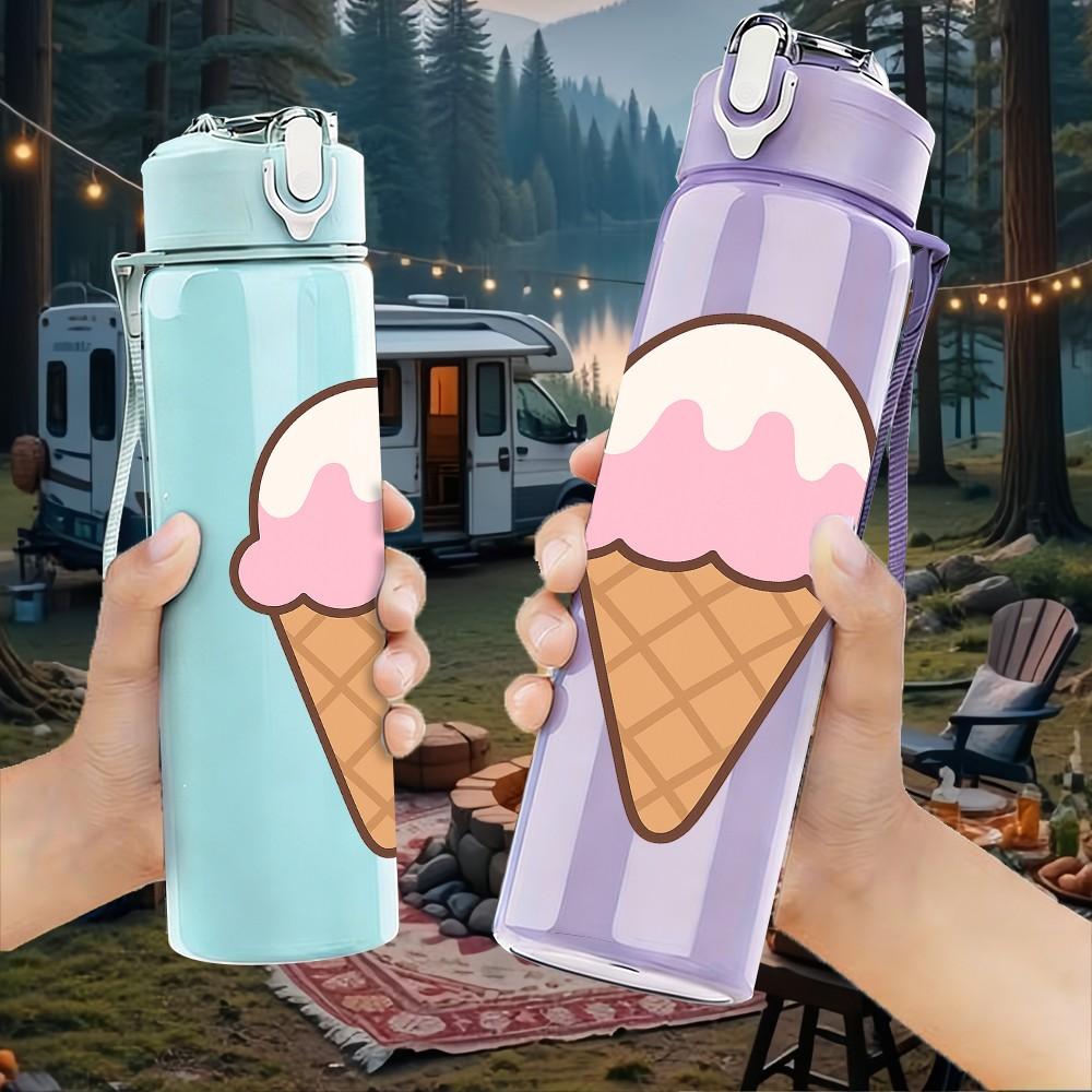 1PC Sweet Ice Cream Cone Pattern 750ml Color Plastic Sports Water Bottle Leakproof Flip Straw Lid Suitable for Sports Office Home Use