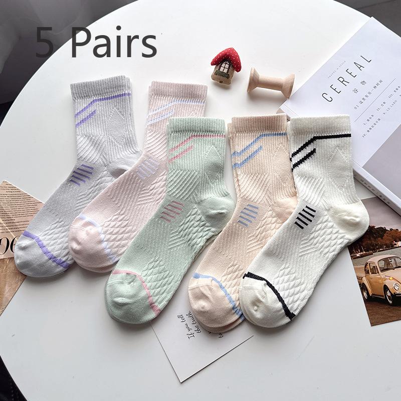 5 Pairs of Sports Socks: Women's Mid-calf Running Socks for Autumn and Winter, Massage Soles, Boneless Sweat-absorbing Women's Basketball Socks