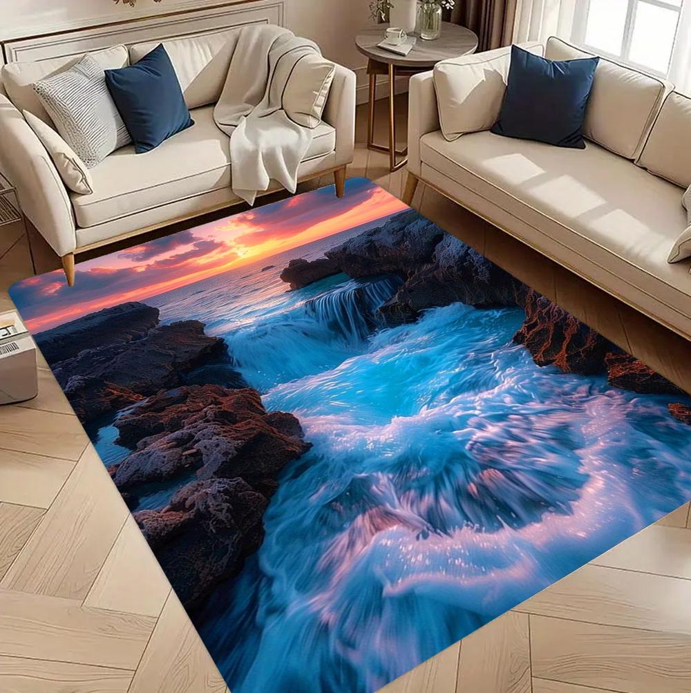3D Sunset Ocean Beach Cliff Area Rug for Living Room Bedroom Non Slip Floor Mat Modern Home Decor Carpet Gift