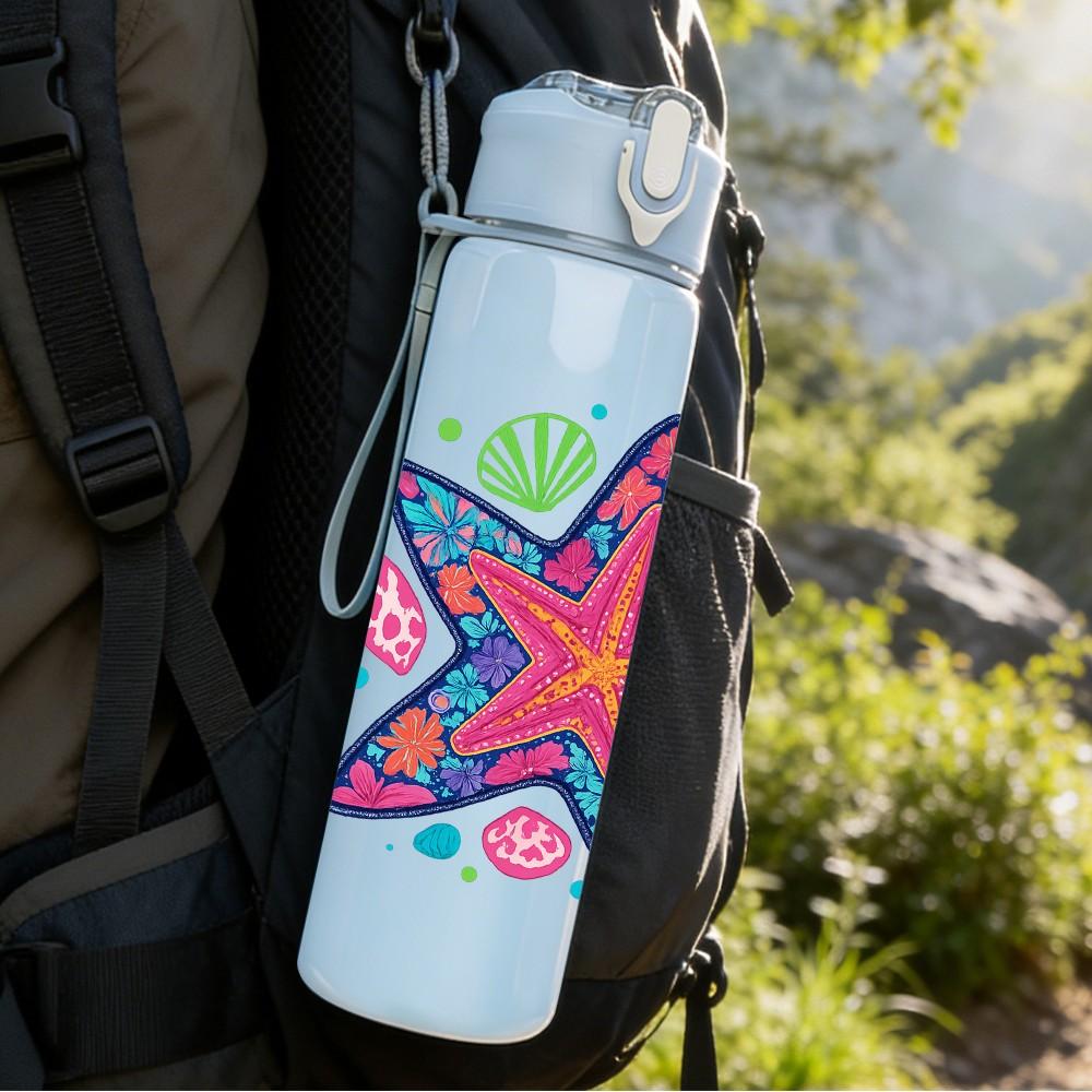 1PC Colorful Pattern Starfish 750ml Color Plastic Sports Water Bottle Leakproof Flip Straw Lid Suitable for Sports Office Home Use