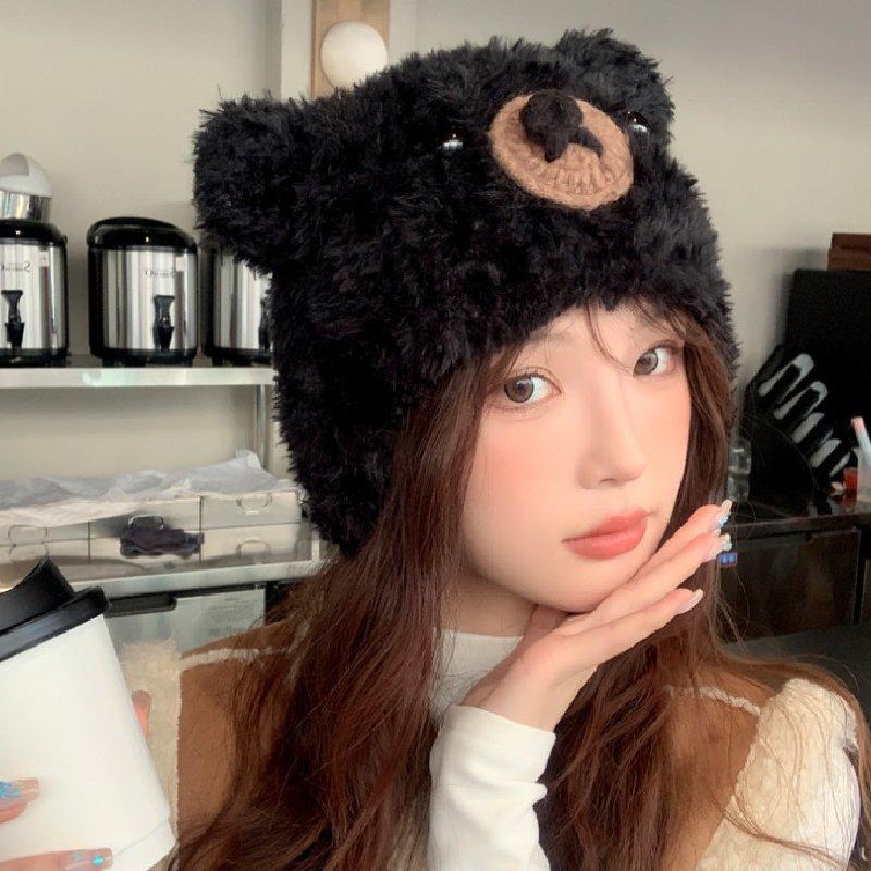 Women Plush Winter Bear Hat Keep Warm Ear Protector Solid Color Caps Travel
