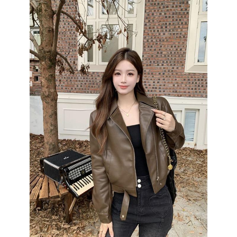 Høst Vinter Polo-hals Casual Mote Glidelås PU Lærjakke Kvinner Harajuku Cardigan Kåpe Yttertøy Topp