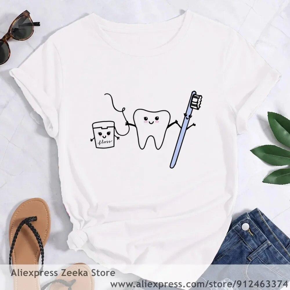 Zahn und Zahnarzt Grafik Ästhetik Frauen Lustige Print Damen T-shirt Mädchen Y2K Harajuku Basis O-kragen Weißes Hemd Kurze