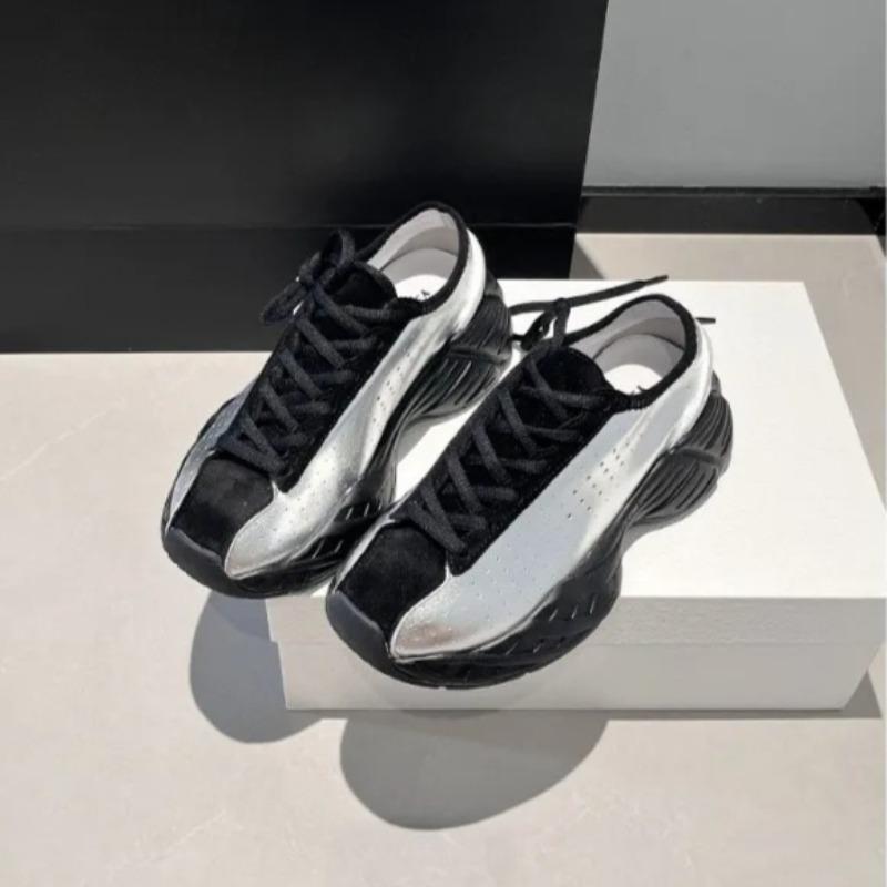 Fashion Sneakers Autumn New Round Toe Deep Mouth Colorblock Breathable Hole Front Lace-up Platform Non-Slip Low-Top Single