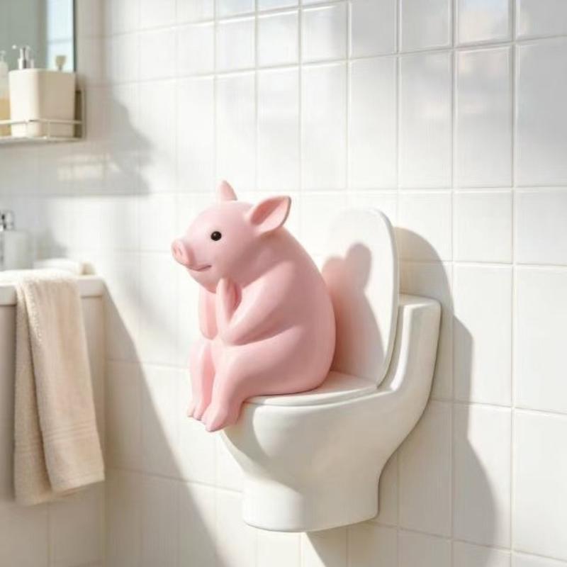 Cute Resin Pink Pig Sitting On Toilet Figurine Adorable Funny Design For Bathroom Bedroom Desktop Home Decor Gift For Pig Lovers