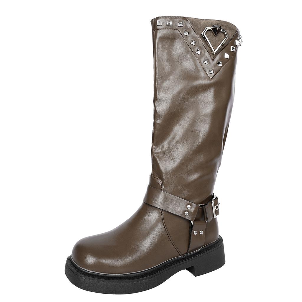 Fashion Size 36-42 Black Brown PU Women's Long Boots Western Buckles Rivet Decor Ladies Knee-High Boots Autumn Fashion Botas Altas
