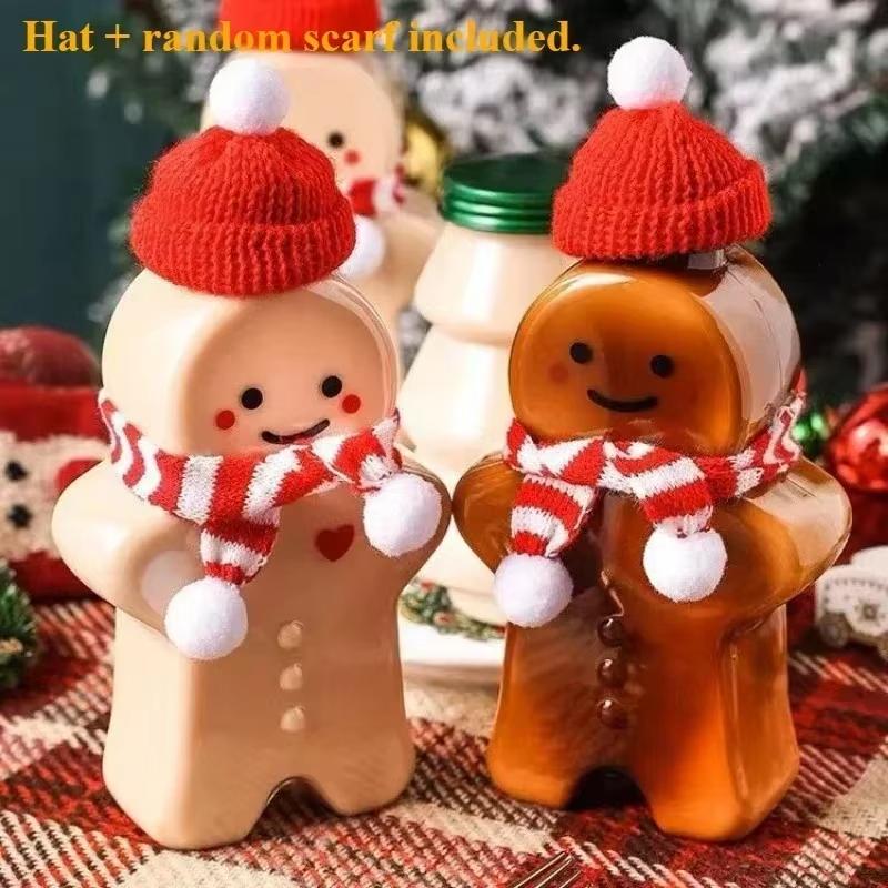 2/4pcs Gingerbread Bottle Snowman Milk Tea Jar Coffee Juice Portable Drinking Cup Plastic Kettle Christmas Decoration Child Gift