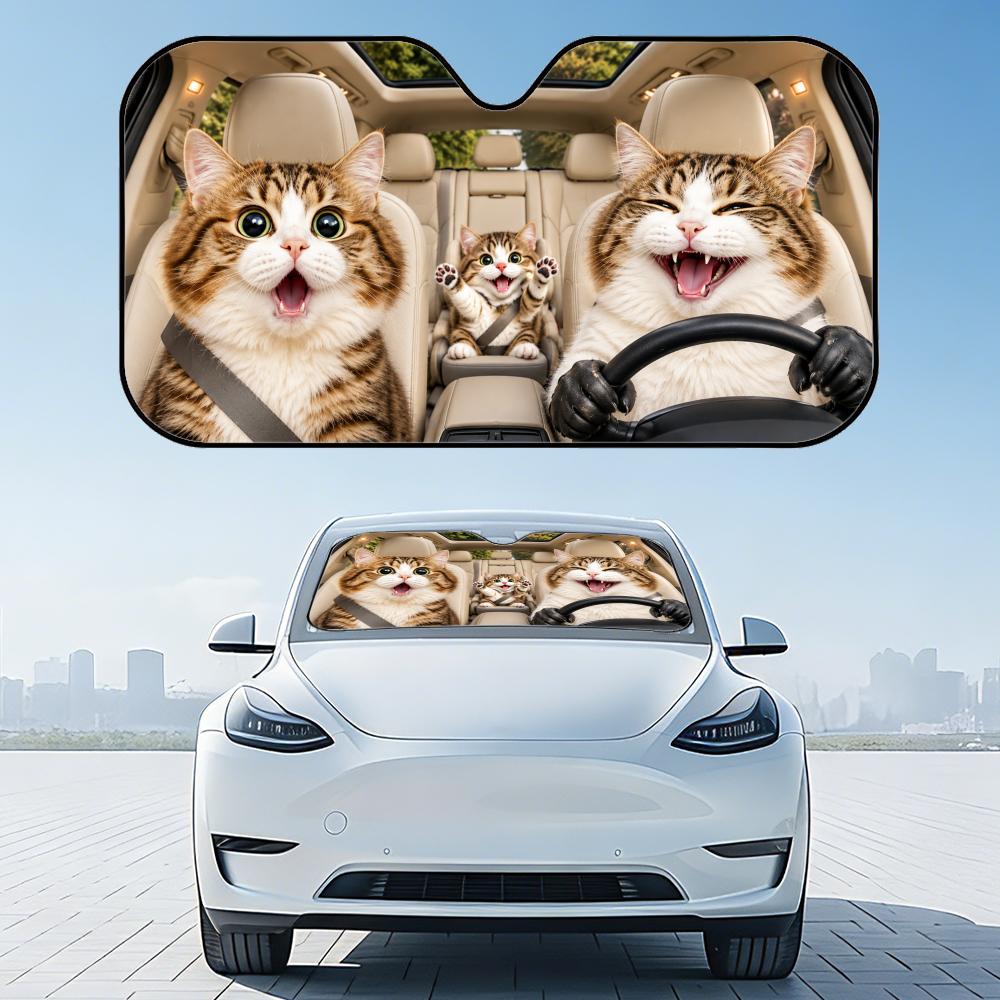Cute The cat is driving Sun Visor Foldable Aluminum Foil Car Windshield Sun Shade - UV Protection Heat Insulation VisorWindshield Sunshades 1