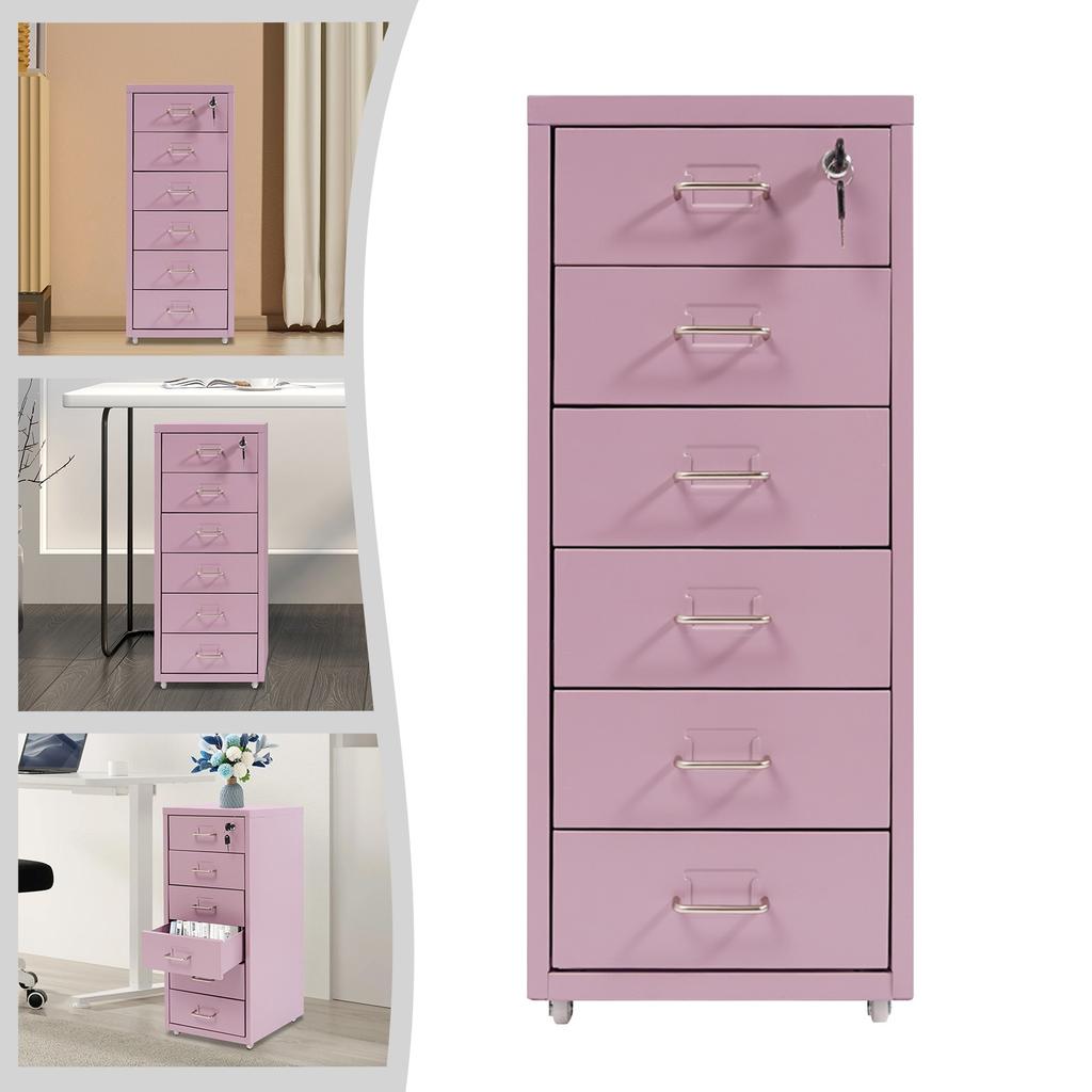 6-Tier File Cabinet with Lock & Wheels, Compact Office Organizer for Home & Business, Purple Vertical Filing Storage, 28x41x69cm