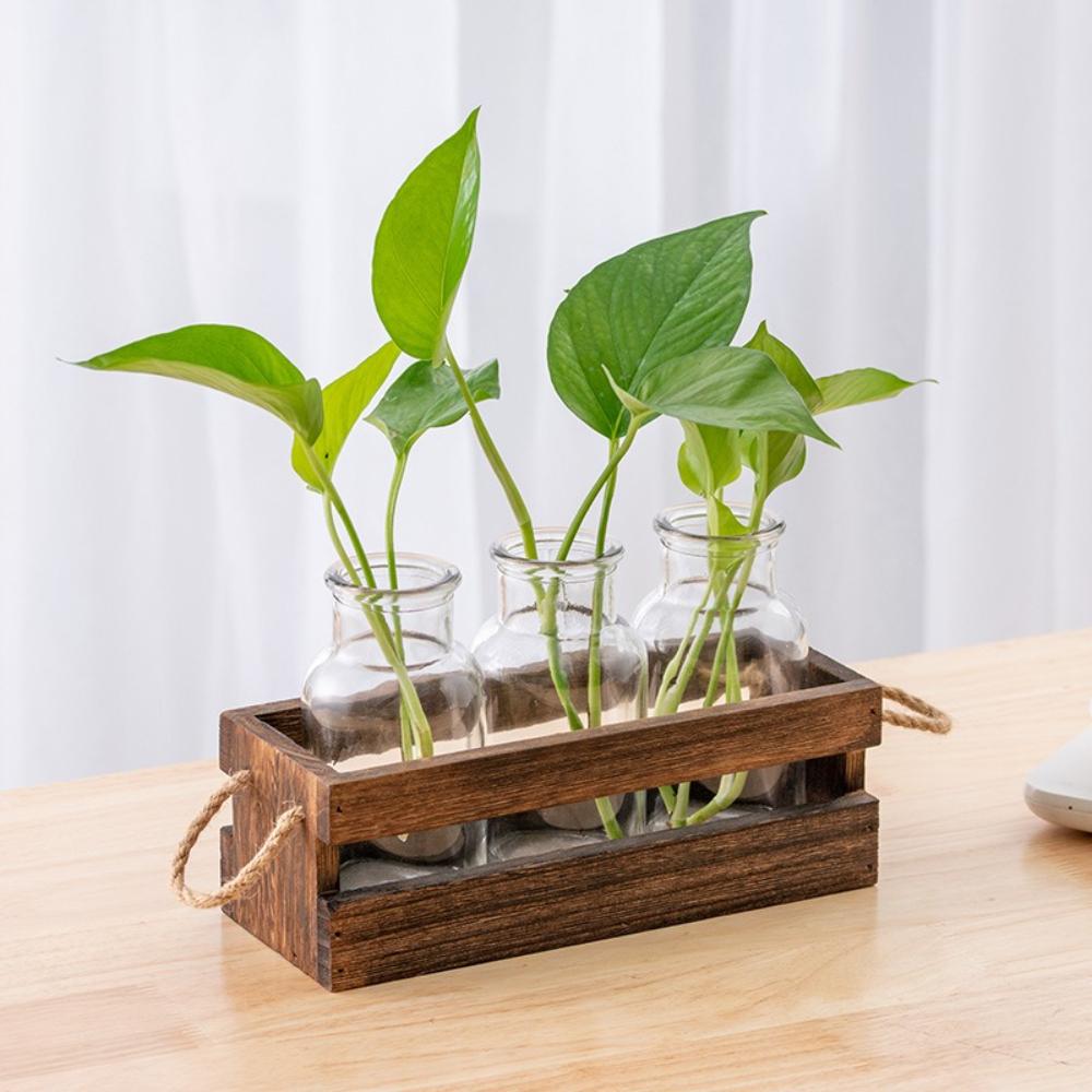 Creative Hydroponic Wooden Frame Vase Tethered Fresh Living Room Minimally Decorative Ornament Desktop Green Rose Vase