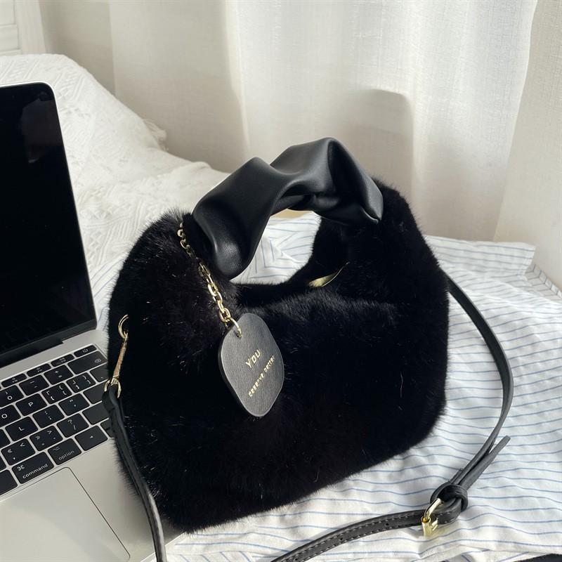 Womens Plush Lunch Box Bag Soft Faux Fur Handbag Crossbody Daily Use