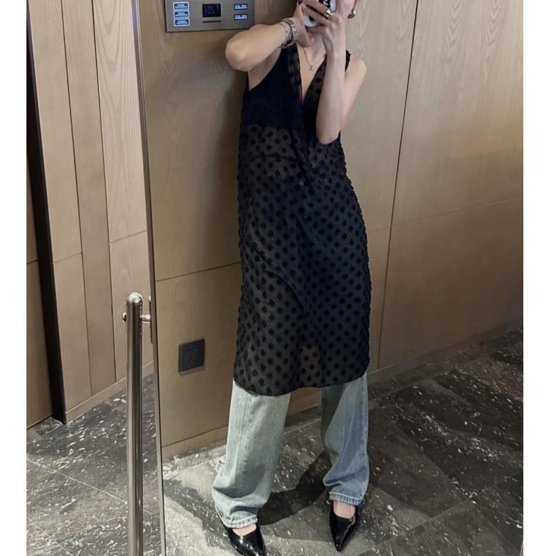 2025 Spring Retro Polka Dot Sheer V-Neck Layered Dress
