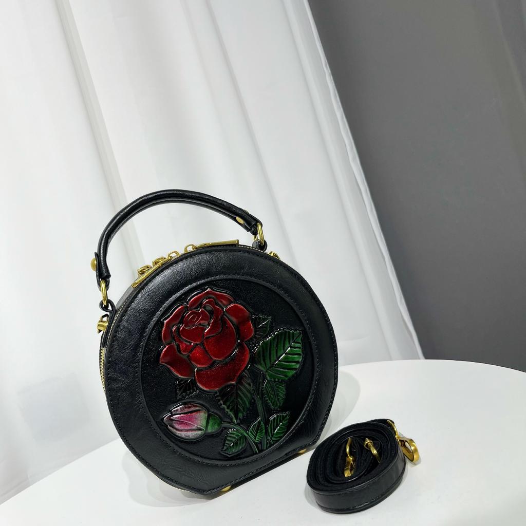 Ethnic Vintage Round Crossbody - Handmade Carved Flower Women's Shoulder Bag Minimalist Texture Commuter Large Capacity Tote Bag