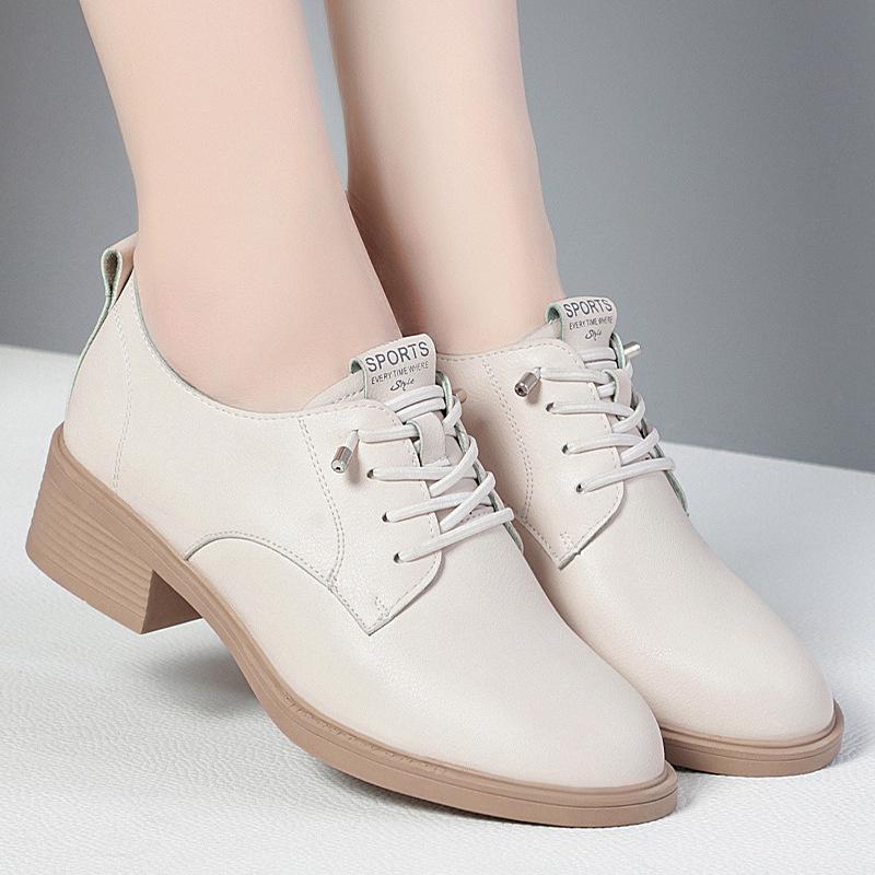 Spring Autumn Women Round Heel Shoes Square Heel Lace-free Office Pumps Work Party Shoe Black Comfortable Soft Leather Shoes