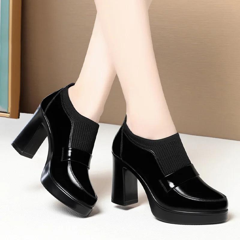 

7см 9см Удобные Туфли с глубоким вырезом Гибкие Эластичные из мягкой кожи Туфли-платформы 2025 Осень Массивный высокий каблук Офис 37