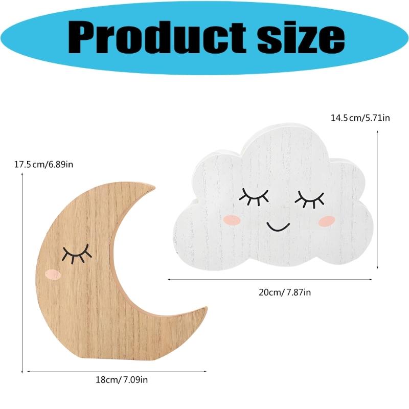 Nursery Shelf Accent Set, Wooden Moon and Cloud Room Display Decorations Pair for Tabletop Bookshelves Accessories Gift