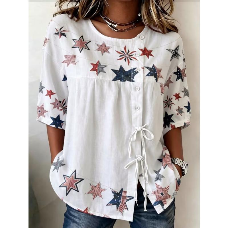 Women's printed lace-up short-sleeved blouse, fashionable and versatile, comfortable and skin-friendly, machine washable.