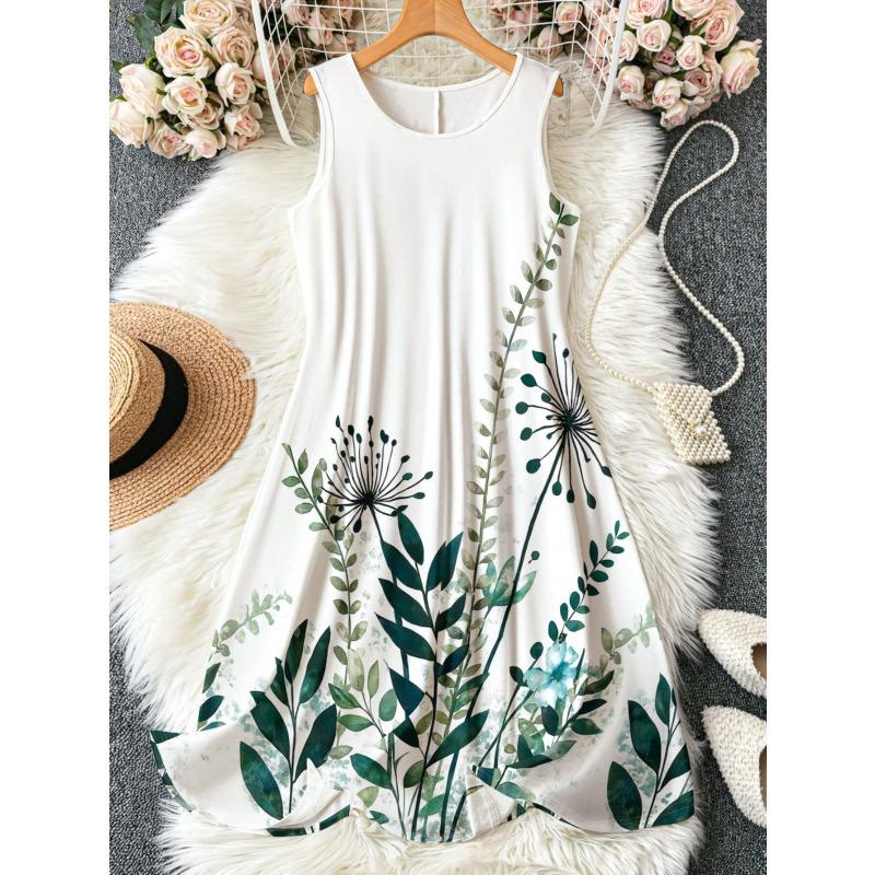 Summer New Style Sleeveless Printed Dress with A Fashionable Loose Round-necked Backless Design