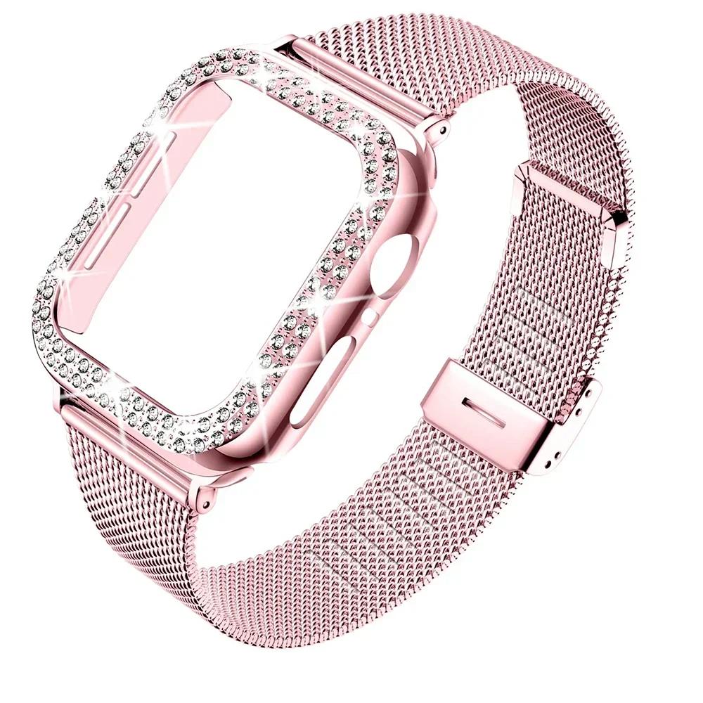 Diamond Case+Metal Strap For iWatch Ultra 2 Band 49mm 41mm 40mm Stainless Steel Bracelet For Apple Watch 9 8 7 45mm 44mm 42mm