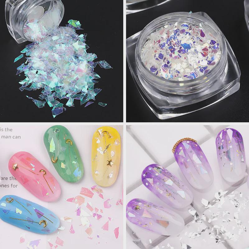 Iridescent Nail Art Sequins: Colorful Cellophane Fragments & Aurora Paper
