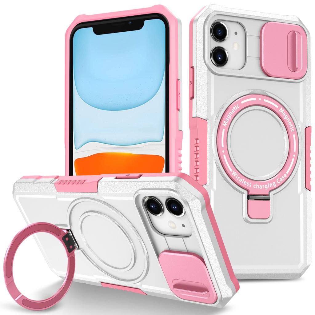 For iPhone 11 Case Invisible Magnetic Kickstand PC+TPU Phone Shell Built-in Sliding Lens Cover
