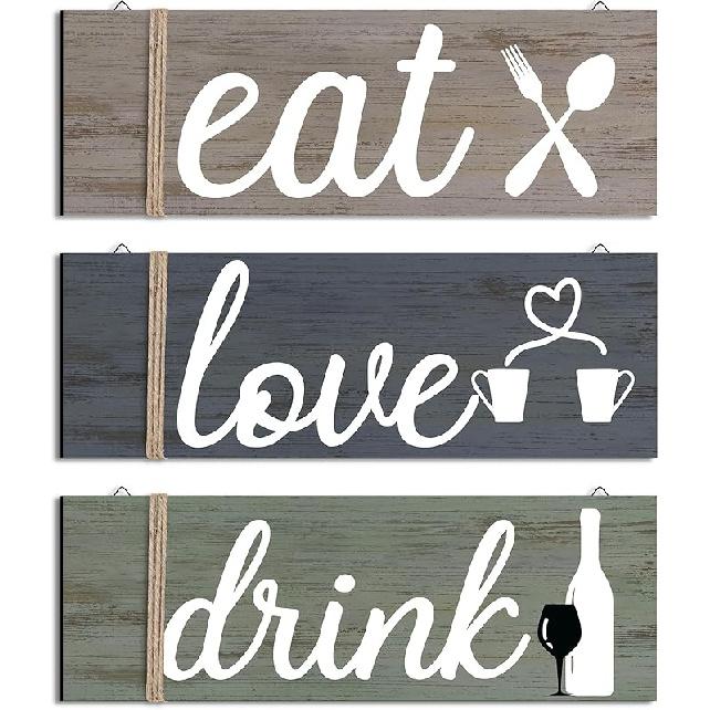 Jetec 3 Pcs Farmhouse Kitchen Wall Decor Rustic Wooden Home Eat Drink Love Sign with Hanging Hole for Home Dining Living Room Bar Cafe Decor(Vivid
