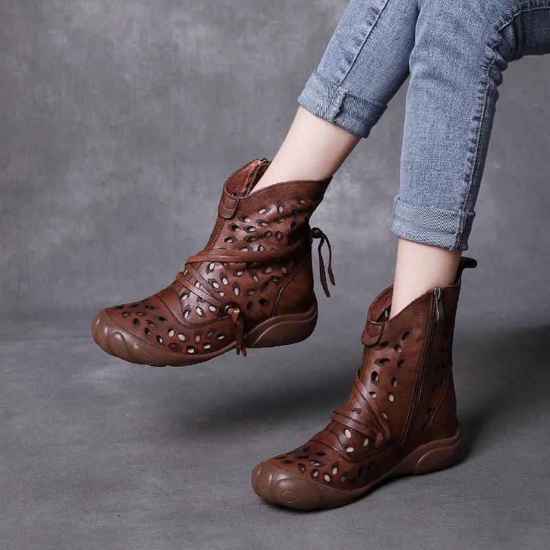 Fashion 3CM Handmade Women Boots Summer Shoes Genuine Cow Leather Breathable Hollow Retro Ethnic Flat Side Zipper Gladiator Boots Women