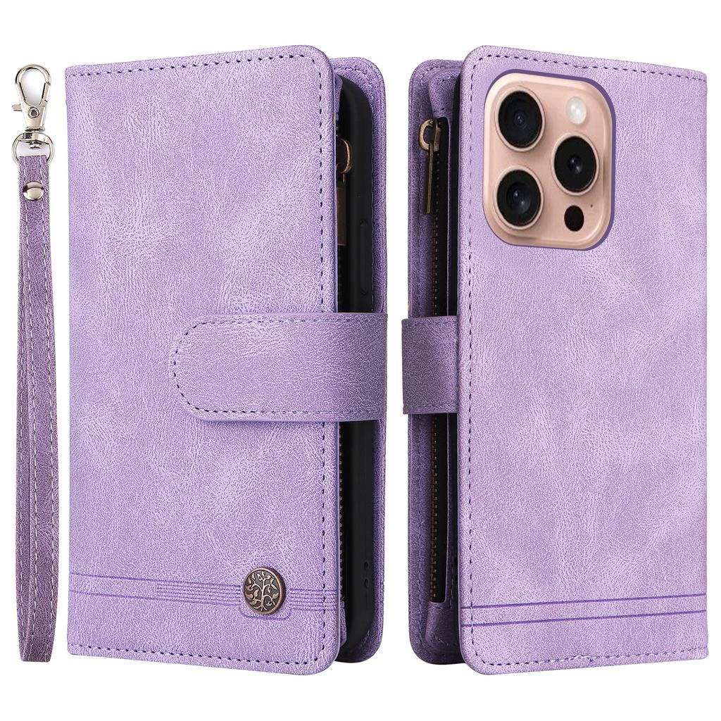 For iPhone 16 Pro Case Leather Folio Wallet Phone Cover with Stand Zipper Pocket