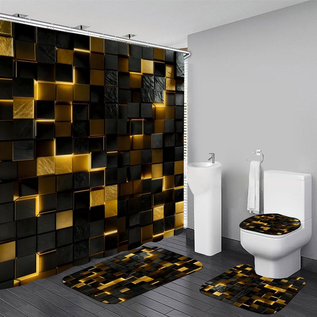 4Pcs Shower Curtain Set with Non-Slip Bath Mat, Toilet Lid Cover, Contour Rug & 12 Hooks, Bathroom