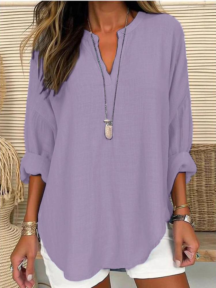 

Light Green Loose Fit Long Sleeve V-Neck Button Detail Top XXXL фіолетовий