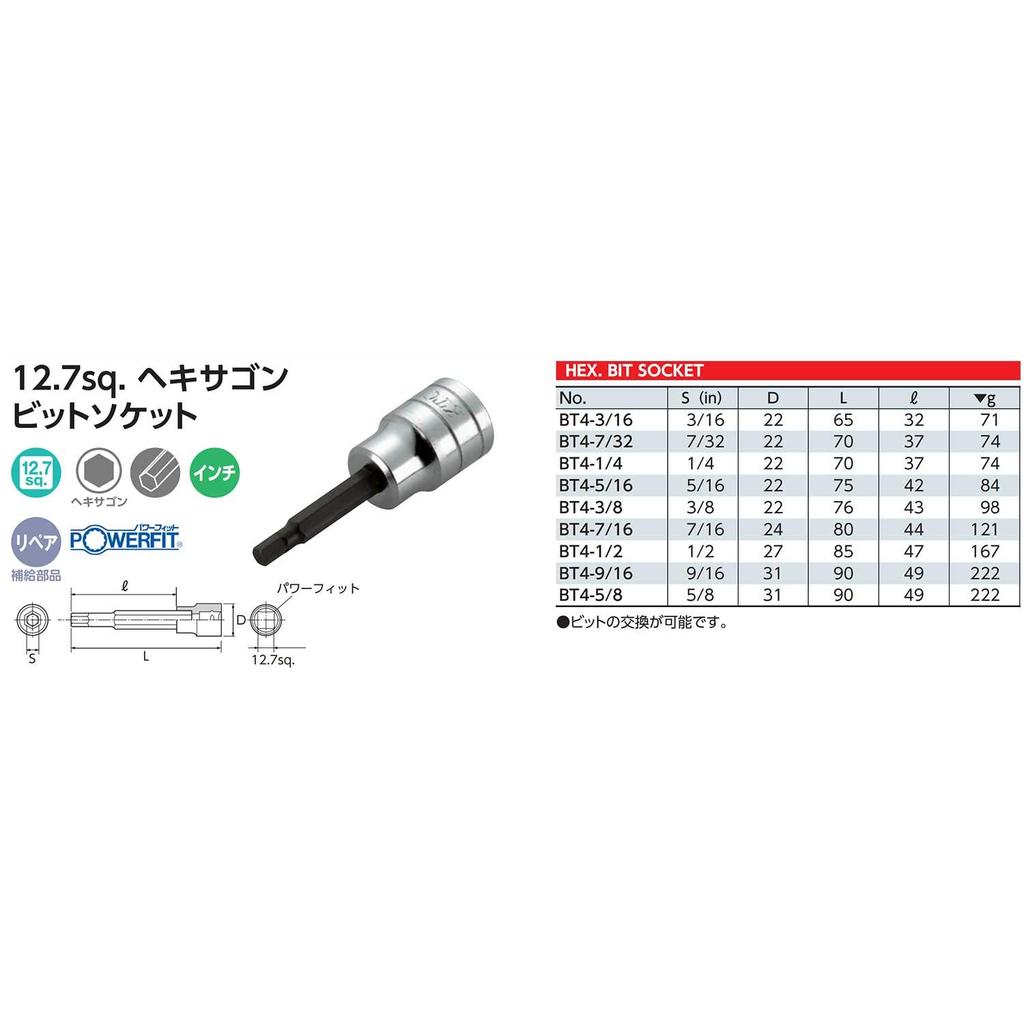 Kyoto Machine Tool Hexagon Bit Socket (KTC) 12.7mm (1/2 inch) BT4-1/2