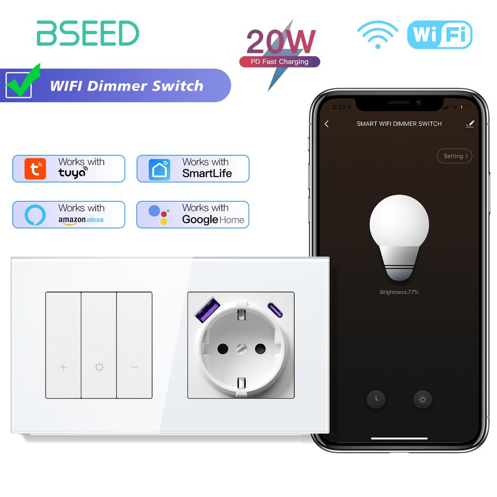BSEED Wifi Light Switches Smart Dimmable Switches Tuya Smart Life App Control Plus EU Sockets USB Type-c Without Wifi White