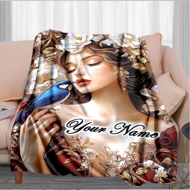 1PC Custom Name Floral Fantasy Bird Flannel Blanket Versatile,all-season Throw Suitable for the Living Room,bedroom,camping,travel,and Gift
