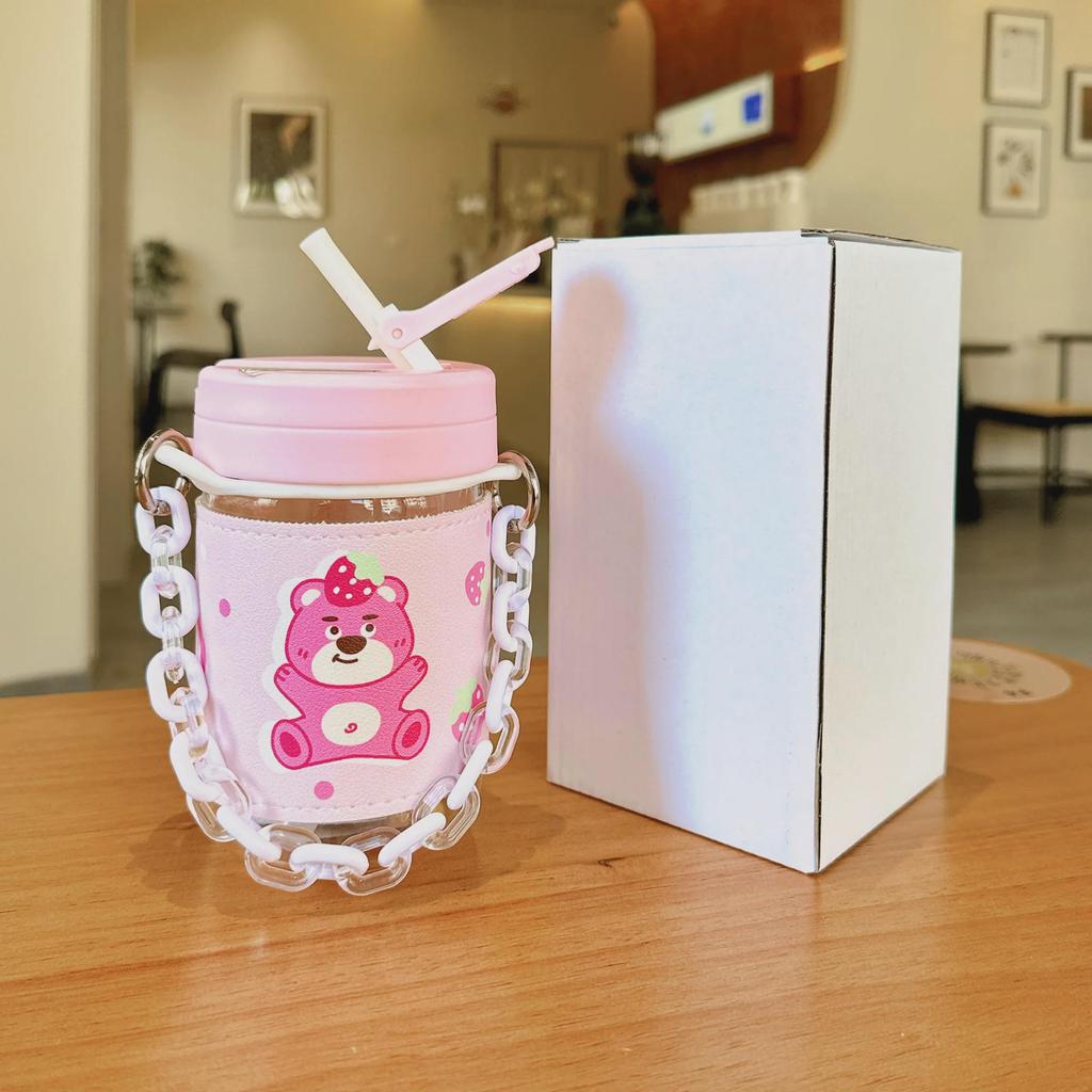Adorable Bear Pink Straw Cup with Leather Case & Anti-Scalding Design - Portable Bracelet-Style Water Cup for Girls