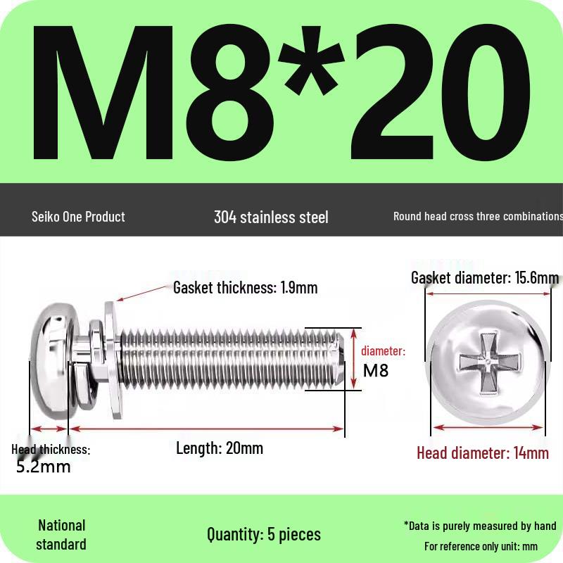 304 Stainless Steel Phillips Round Head Screw with Flat Washer M3/M4/M5/M6