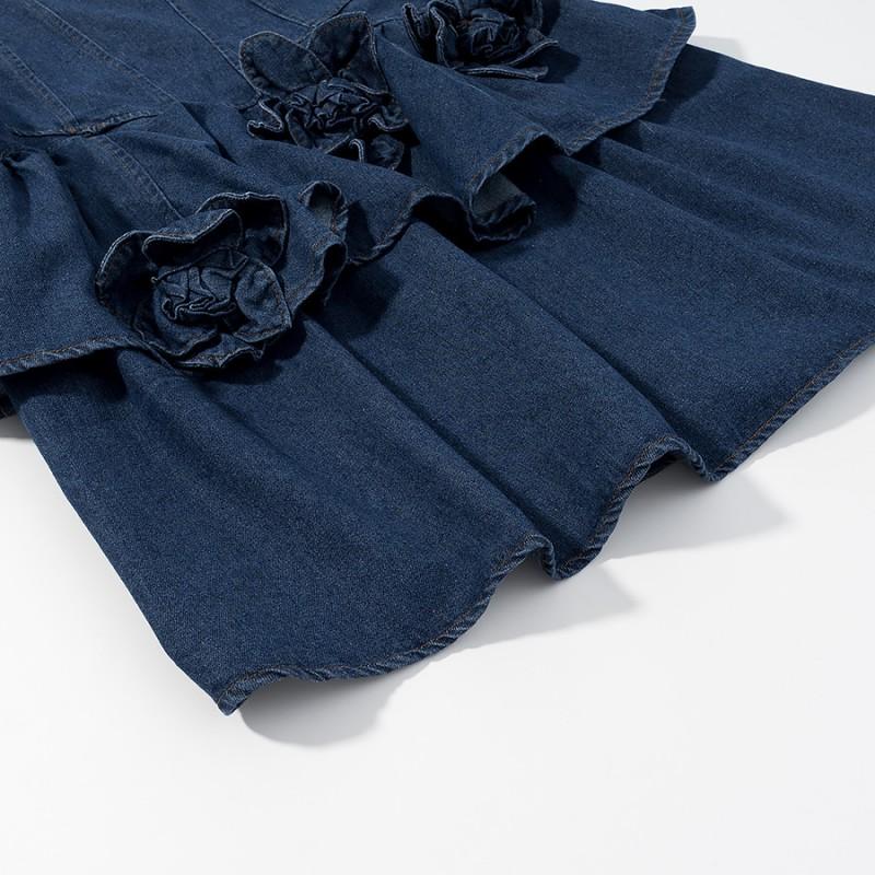 Womens Floral Print Sleeveless Denim Midi Dress High-Waisted Asymmetrical Fit Elegant Office Chic 2025