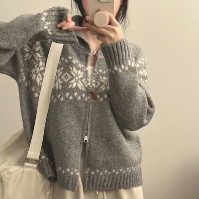 Elegant Jacquard Autumn Winter Zipper Cardigan Women Sweater Knitted Casual Long Sleeve Jackets New Fashion Printed Lapel Elegant Knitwear Clothing