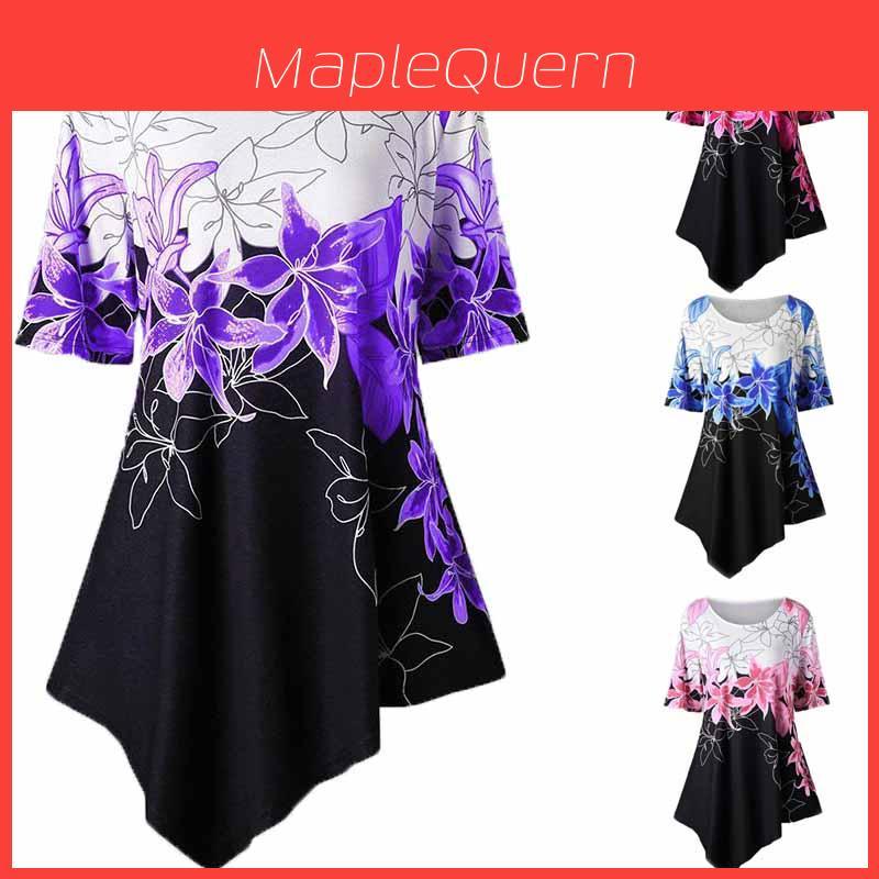 Fashionable Women Ladies Asymmetric Hem Floral Print T-shirt Tunic Tops For All Sizes