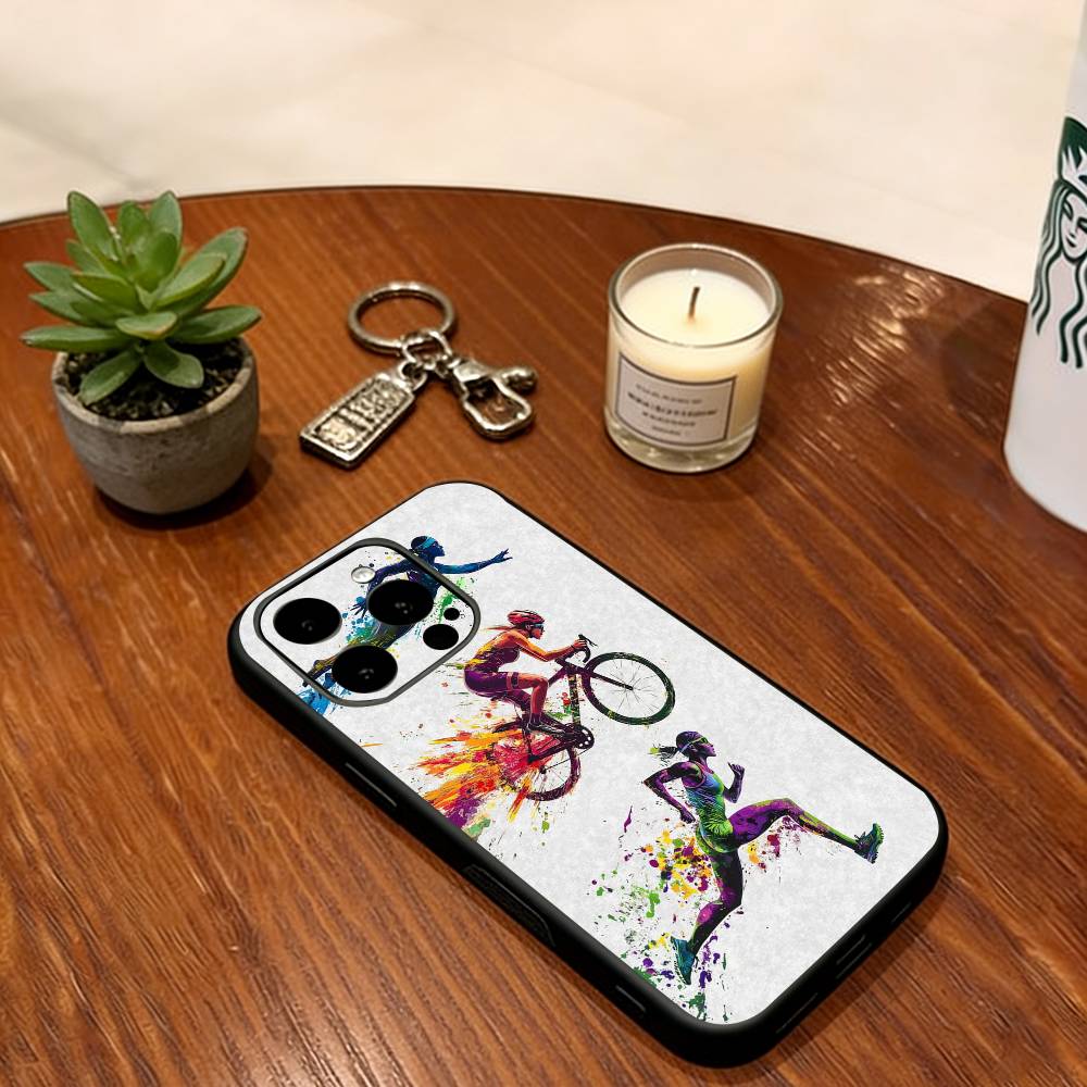 Triathlon Swim Bike Run Phone Case For iPhone 17,16,15,14,13,12,11 Plus,Pro Max,XS,Soft Silicone Black Cover iPhone15Pro