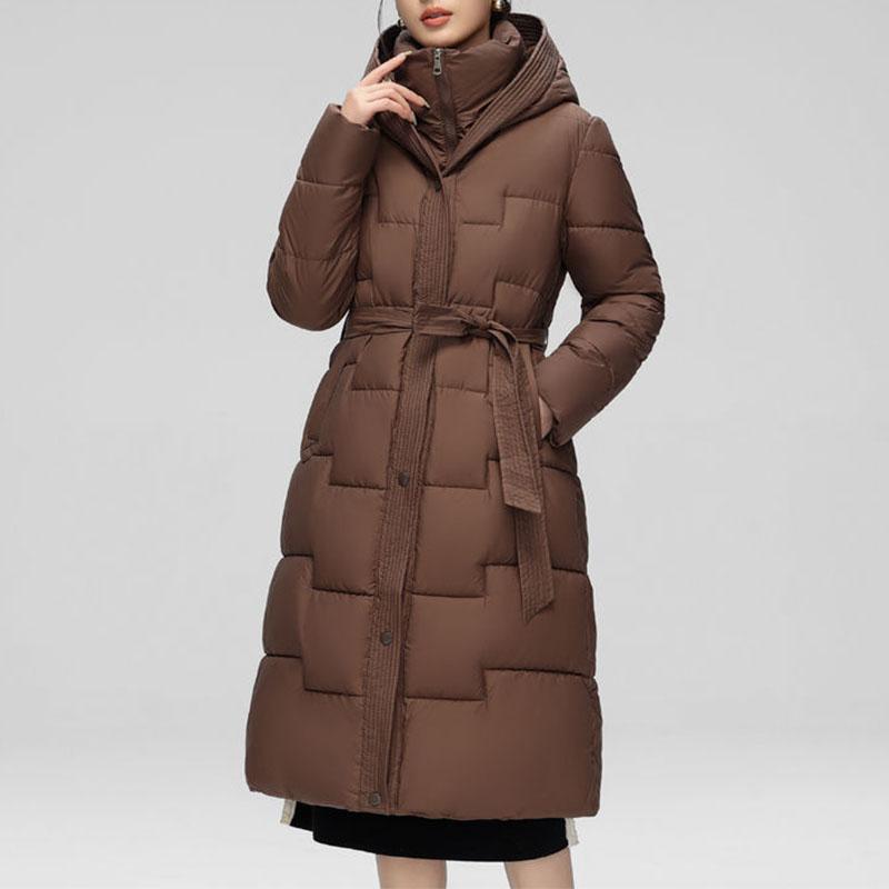 

Осень Зима Женские Парки для улицы Корейская Мода Однотонные С капюшоном Карманы Молния Пояс Корсет Приталенный Утепленный Кардиган Длинные Пальто Топы L коричневый